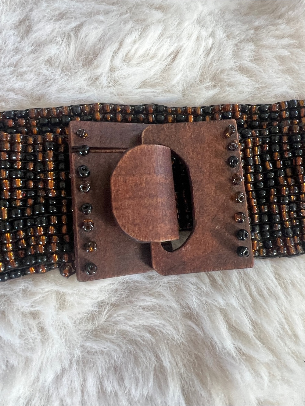 Women's Beaded Brown & Black Waist Belt with Wooden Buckle - Picture 2 of 6